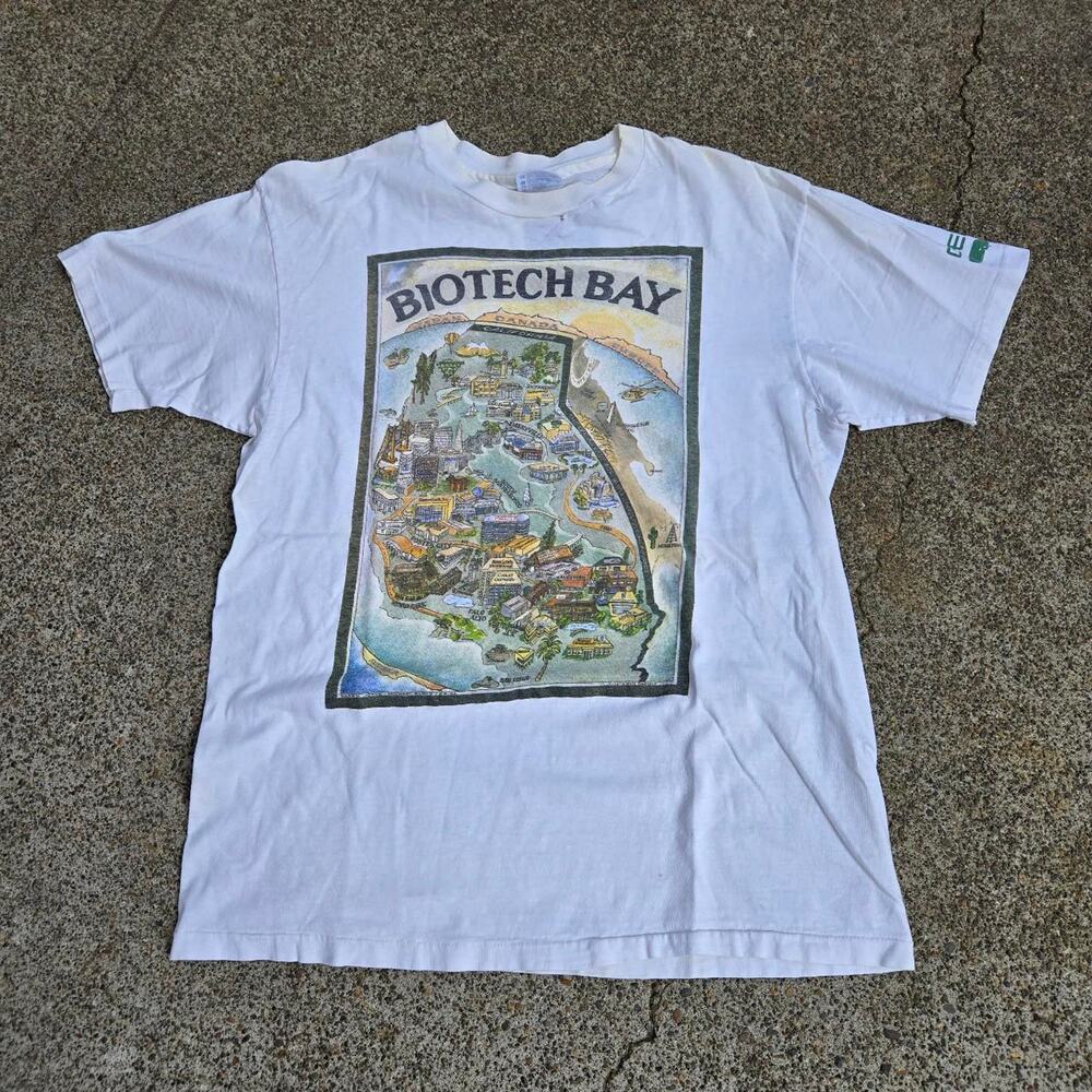 Vtg 90s BIOTECH BAY California Map Graphic Tee Shirt Lg Single Stitch USA Made